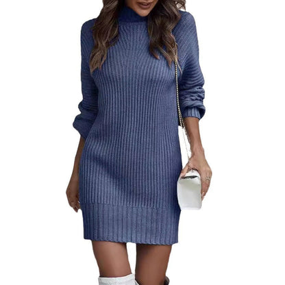 Women's knitted mini dress with elegant stand-up collar and ribbed texture NOVAE