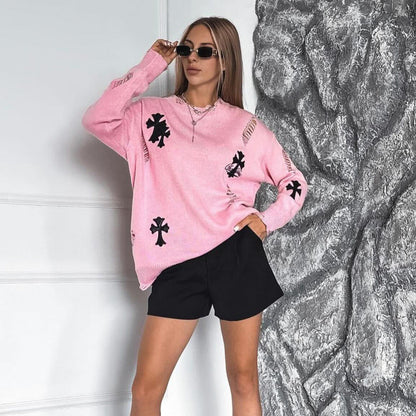 Women's casual sweater with a creative cut and frayed details NOVAE