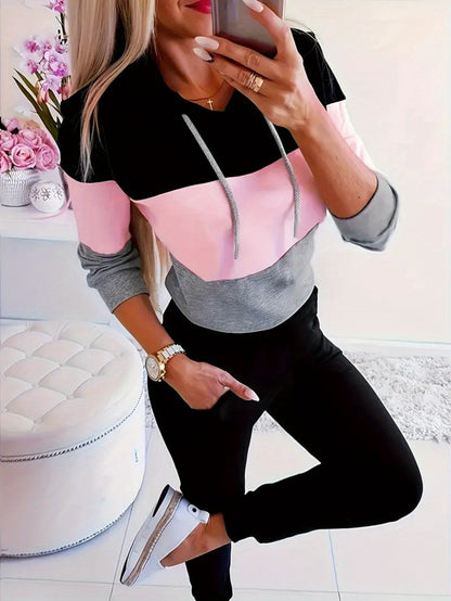 Women's fashionable casual pullover with hood and color block design NOVAE