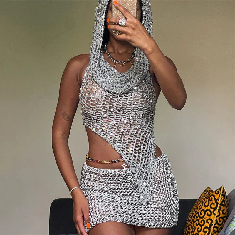 NOVAE | Knit Sequin Hooded Cropped Top and Mini Skirt Set