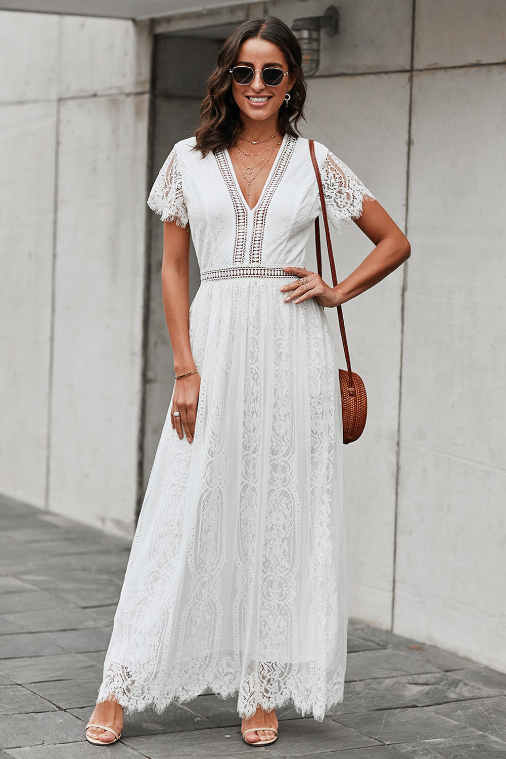 NOVAE | Lace Plunge Dress with Wavy Hem