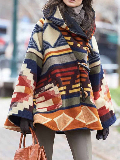 NOVAE | Women's Coats Multicolored Printed Long-Sleeved Wool Hooded Coats